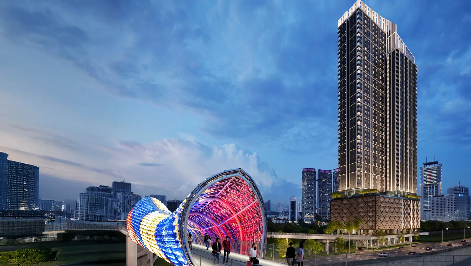 Sutera Suites tower beside the illuminated Saloma Link Bridge at night
