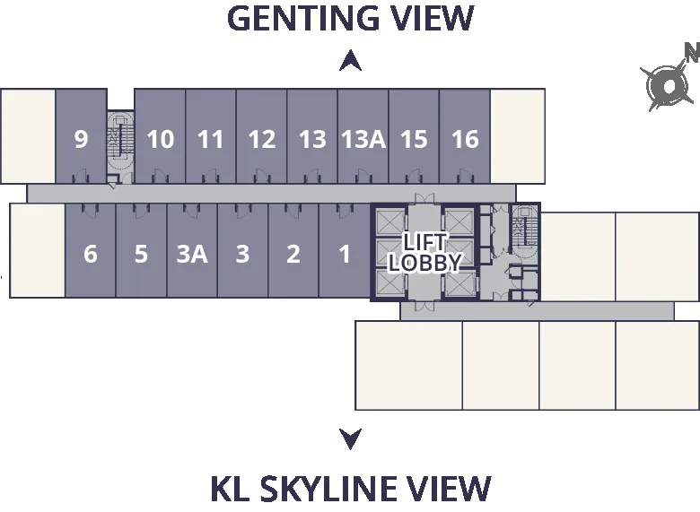 Sutera Suites unit key plan showing Genting View and KL Skyline View facing units per floor