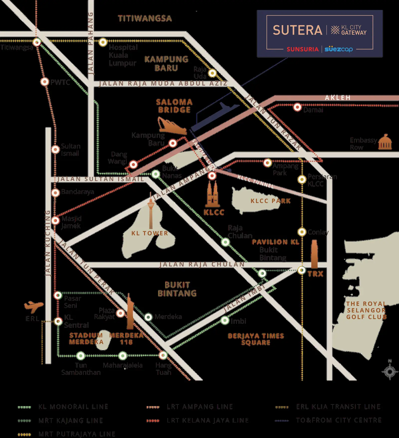 Sutera Suites location map showing Saloma Bridge, AKLEH and KLCC connectivity